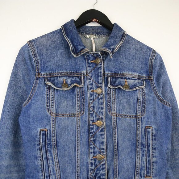 Free People Rumors Denim Blue Collared Jean Jacket Size Small - Picture 2 of 7